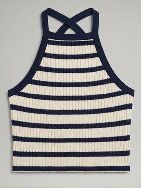 Forever 21 Striped Criss-Cross Halter Tank Top - Cream & Navy - Size Medium